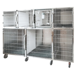 Cage d'hospitalisation en acier avec 7 compartiments, 3 cloisons amovibles et support pour oxygène