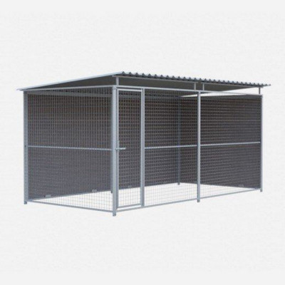 Chenil d'angle en composite WPC et panneaux grillagés - 4 x 2 m