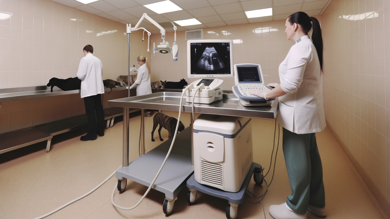 Examen échographique abdominal sur un chien en clinique vétérinaire