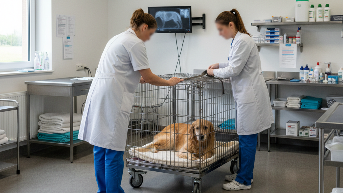 Montage et fixation d'une cage pour chien en clinique vétérinaire