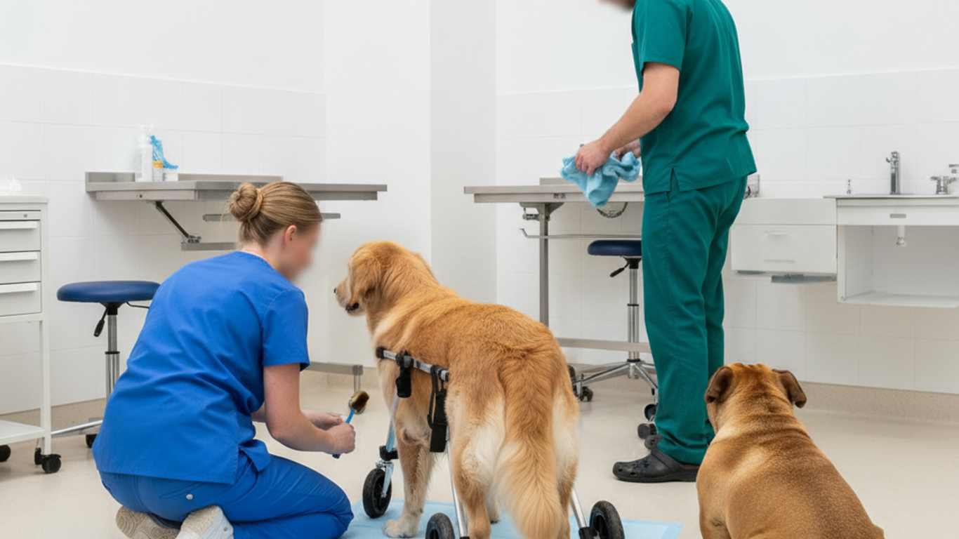 Nettoyage et désinfection d'une trottinette pour chien en milieu vétérinaire