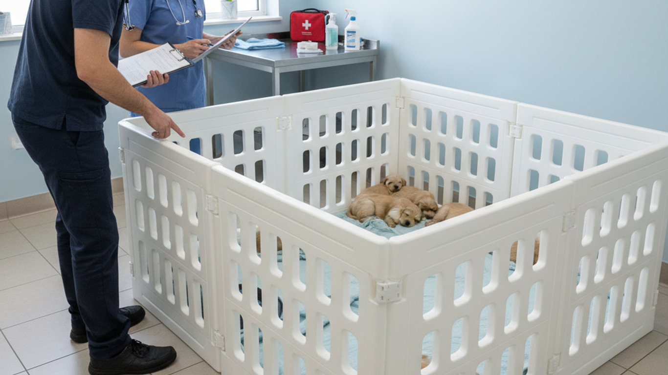 Vérification des fermetures et verrous d'un parc à chiot sécurisé