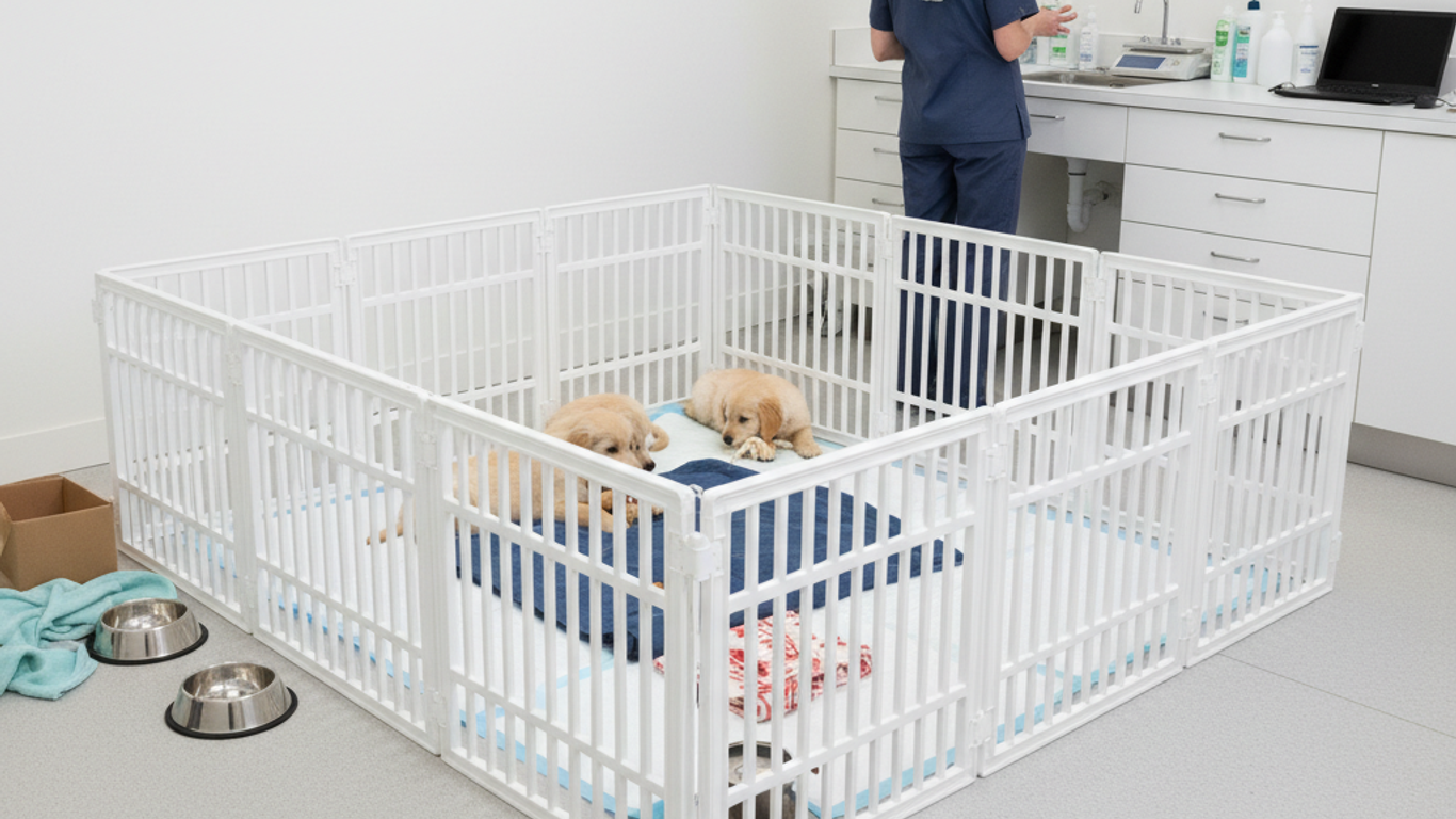 Sécurité thermique dans un parc à chiot avec lampe chauffante