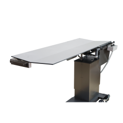Table de chirurgie avec cadre divisé au centre et plaque translucide aux rayons X
